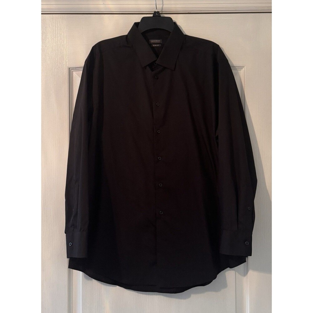 Madison Slim Fit Non-Iron Black Solid Dress Shirt XL 17-17.5 32/33